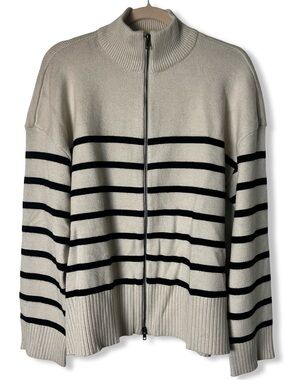 RDL Cream Black Striped Zip-Up Cardigan Drop Sleeve‎ Cropped Sweater NWT Sz. XL